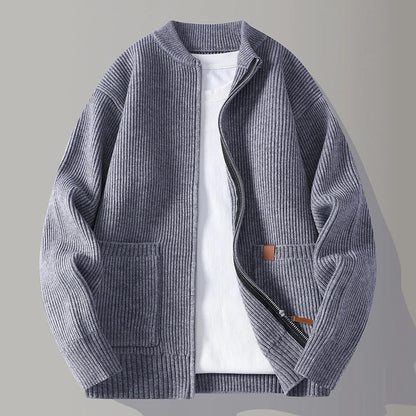 Versatile unisex ribbed knit jacket. Ideal casual outerwear for transitional weather & modern everyday fashion.