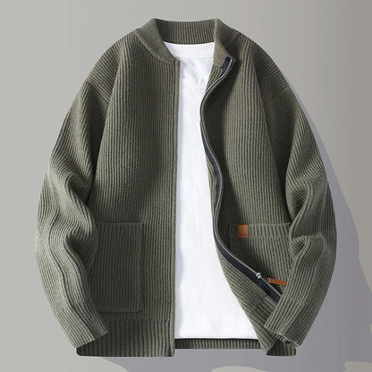 Modern knit unisex ribbed jacket with easy fit. Soft, comfortable casual outerwear for versatile layering.