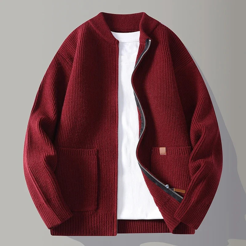 Ribbed knit jacket, unisex design. Soft, comfortable zip jacket for versatile layering & everyday casual style.