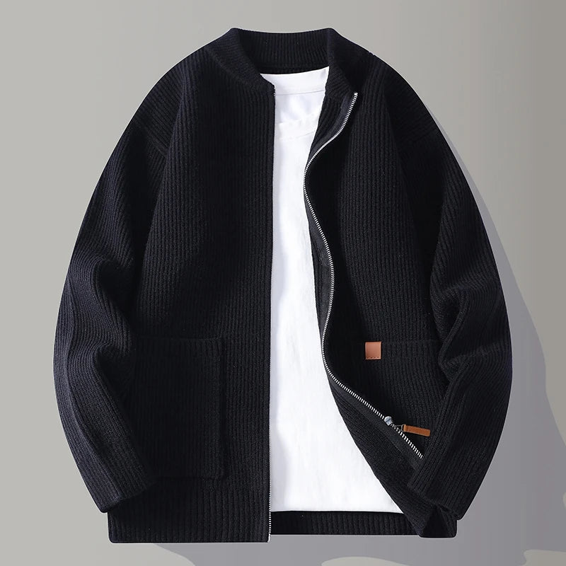 Unisex ribbed knit layering top, an outer layer zip jacket. Soft texture for comfortable, versatile fashion.