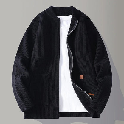 Unisex ribbed knit layering top, an outer layer zip jacket. Soft texture for comfortable, versatile fashion.