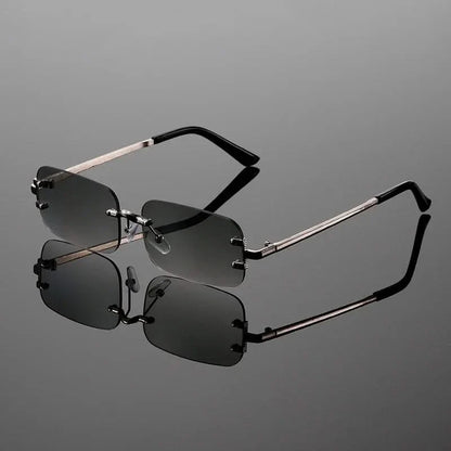 Unisex rimless anti-glare sunglasses with metallic frames for modern, stylish eye protection.