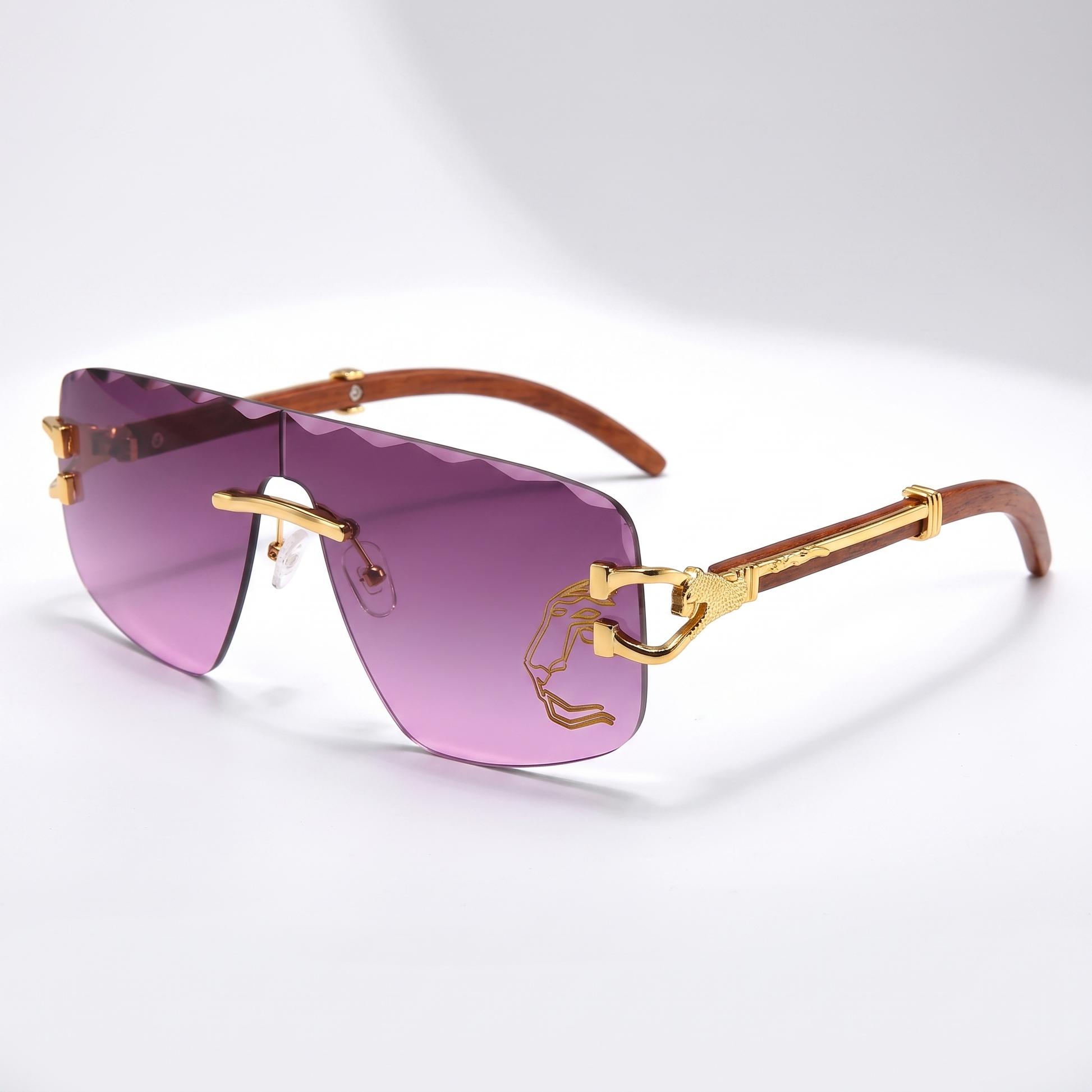 Modern pink rimless sunglasses, offering unisex UV protection & fashionable eye care.