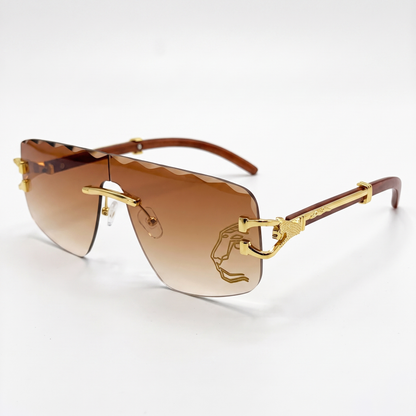 Elegant tea-colored rimless sunglasses, unisex fashion accessories with full UV protection.