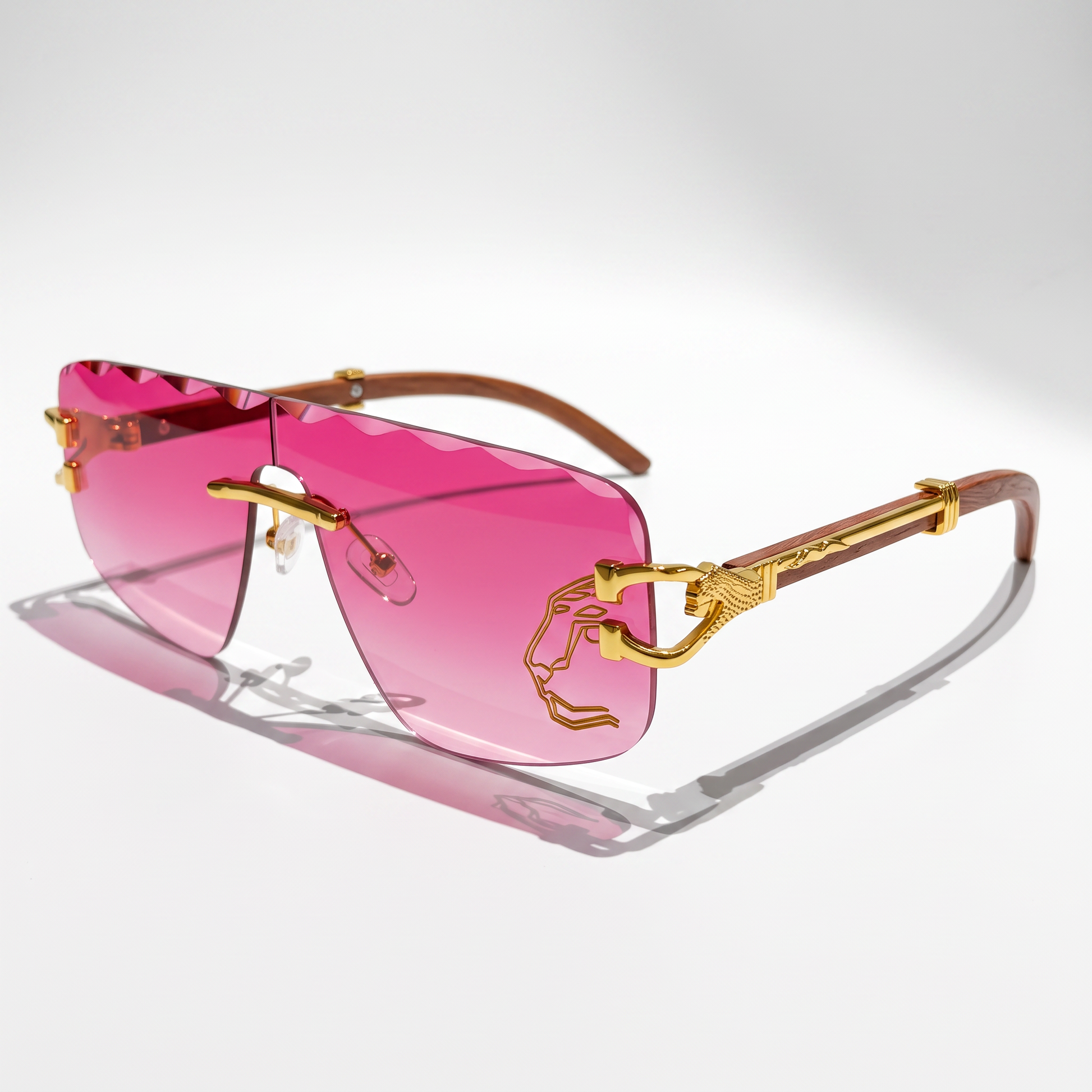 Sleek gray rimless sunglasses providing unisex UV protection; modern eye protection eyewear.