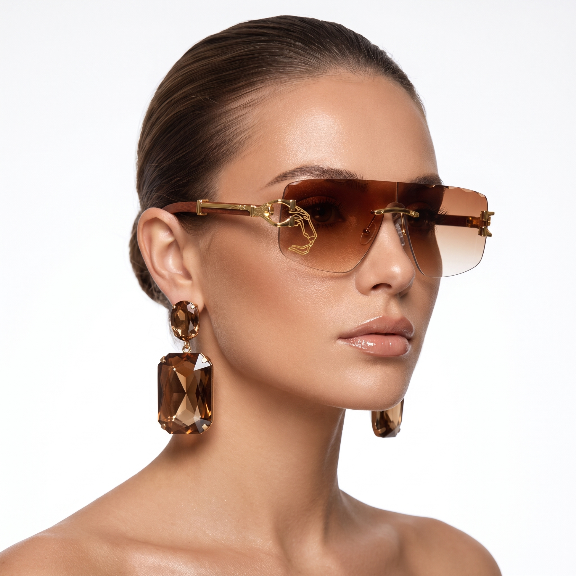Chic tea-tinted rimless sunglasses; unisex design, offering full UV protection & fashion.