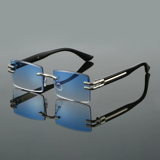 Unisex rimless rectangular sunglasses with UV400 protection, ideal as a stylish fashion eyewear accessory.