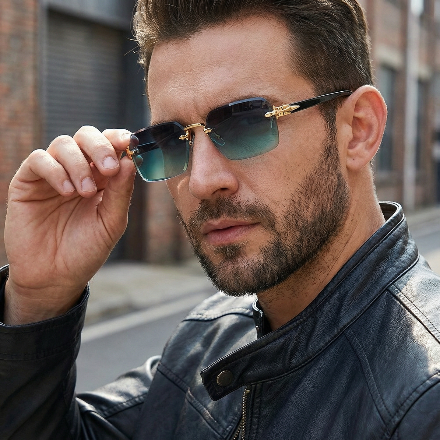 Unisex rimless square sunglasses with UV400 protection, a modern fashion eyewear accessory.