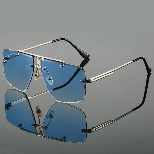 Unisex rimless square sunglasses with UV400 protection, modern fashion eyewear accessory.