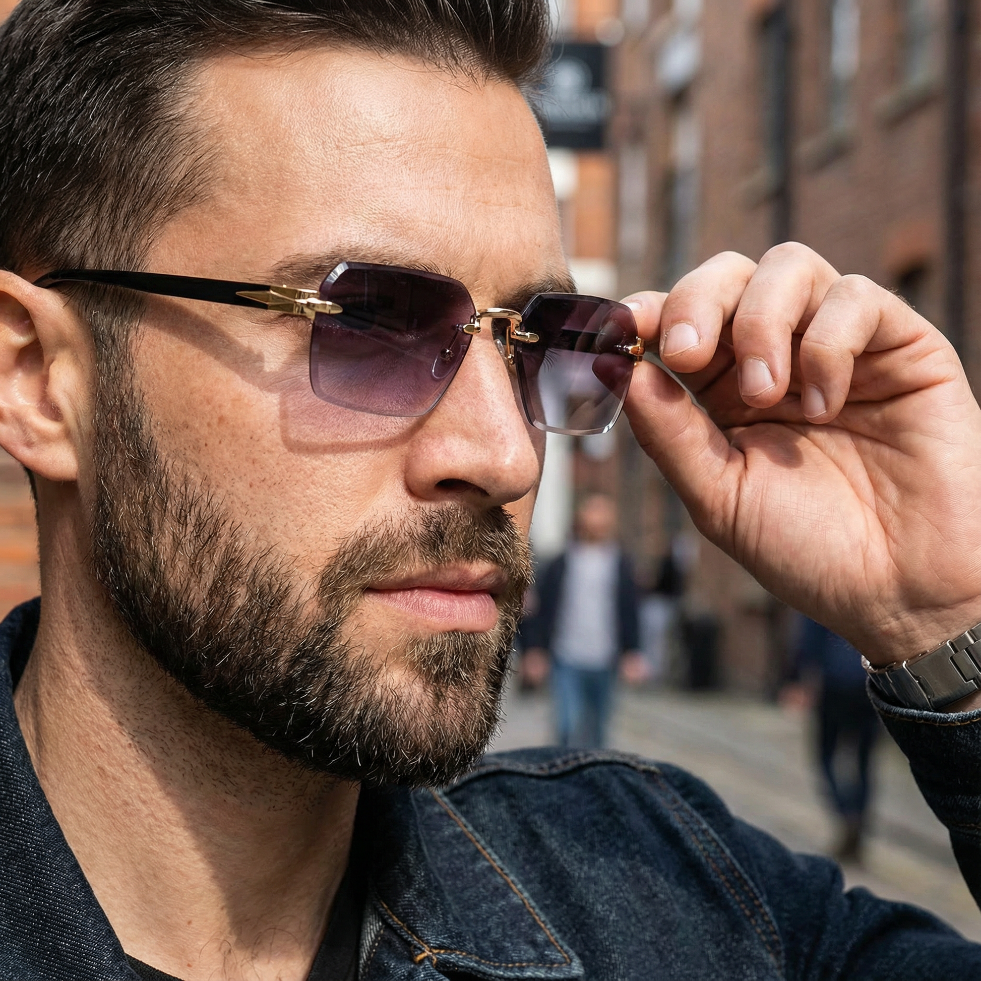 Stylish modern unisex rimless square sunglasses, perfect fashion eyewear for sun protection.