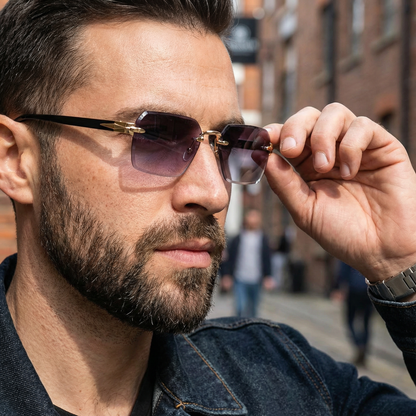 Stylish modern unisex rimless square sunglasses, perfect fashion eyewear for sun protection.