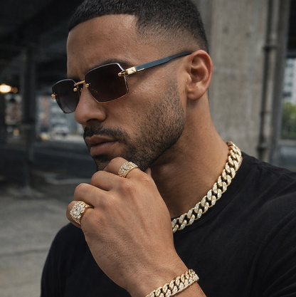 Sleek rimless square sunglasses for men & women, offering UV400 protection and trendy fashion.
