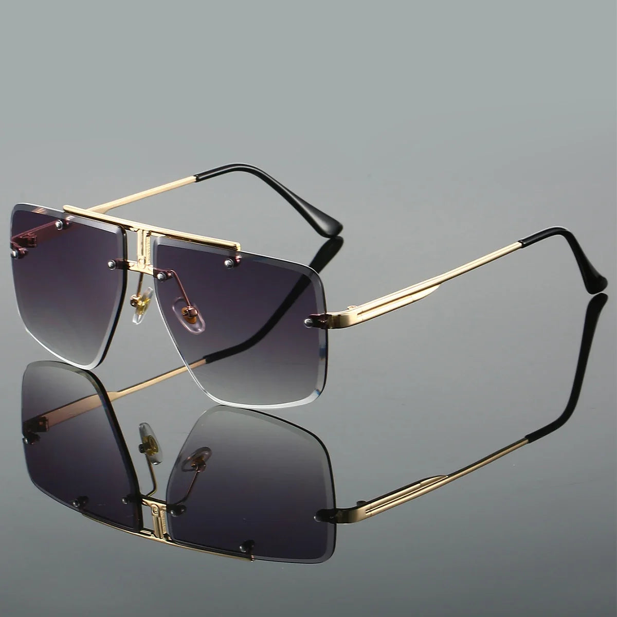 Modern rimless square sunglasses, unisex design with UV400 protection. Fashionable and protective eyewear.