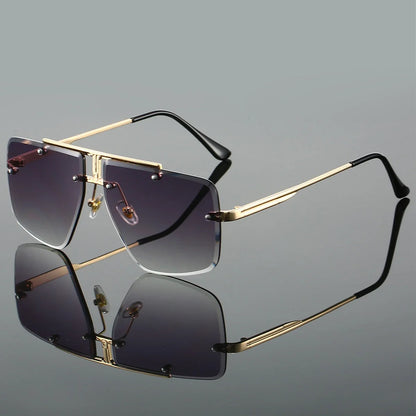 Modern rimless square sunglasses, unisex design with UV400 protection. Fashionable and protective eyewear.