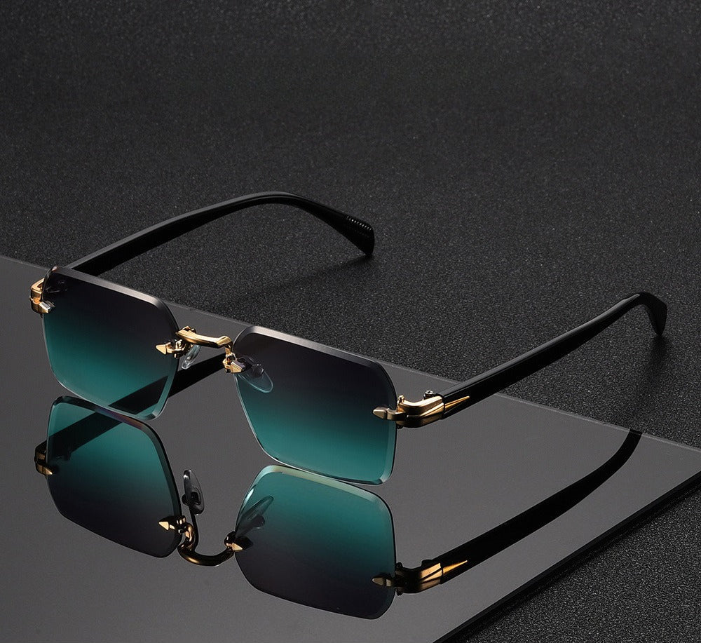 Front view of chic unisex rimless square sunglasses, an essential modern fashion accessory.