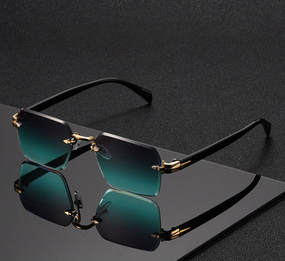 Front view of chic unisex rimless square sunglasses, an essential modern fashion accessory.