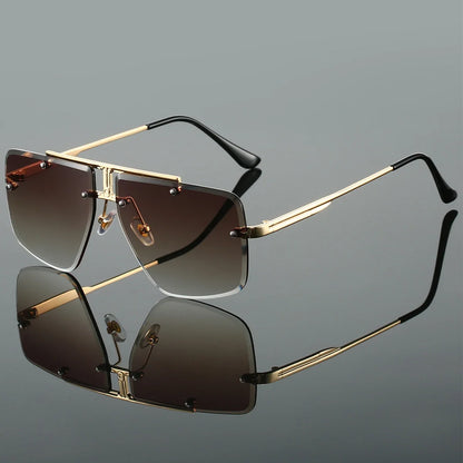 Sleek unisex rimless square sunglasses featuring UV400 protection. A modern fashion accessory for all.