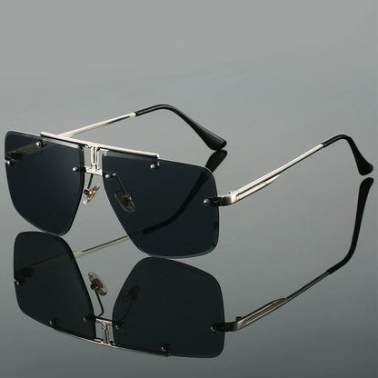 Protective unisex rimless square sunglasses for ultimate UV protection. Stylish and modern eyewear accessory.