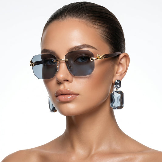 Unisex rimless UV protection sunglasses, black lenses, stylish eyewear for sun protection.