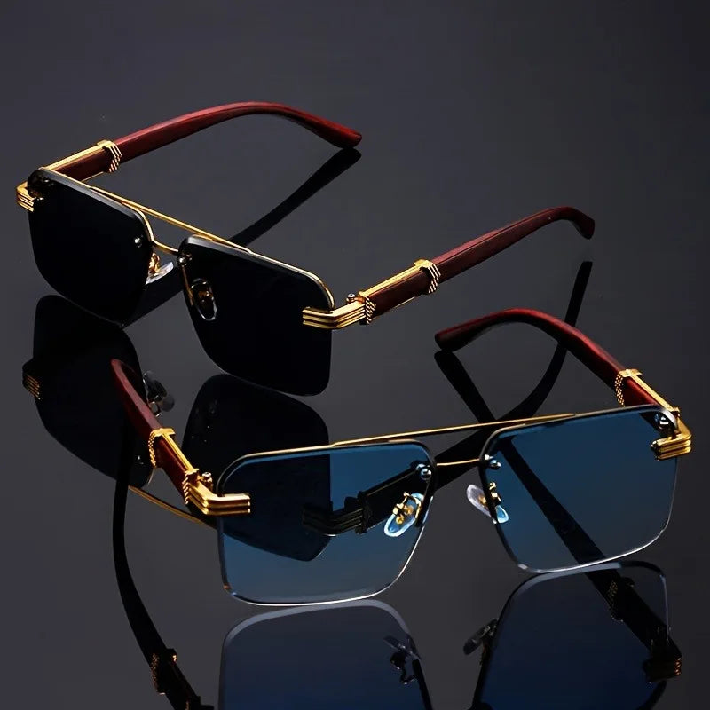 Unisex rimless wood temple sunglasses, offering stylish design & essential UV400 sun protection.