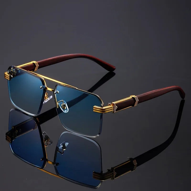 Modern rimless eyewear with sleek wooden temples, lightweight & fashionable for all genders.