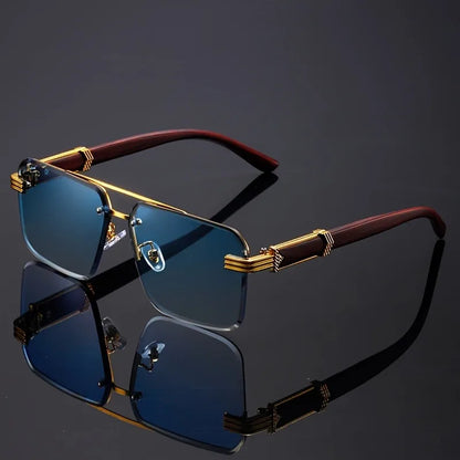 Modern rimless eyewear with sleek wooden temples, lightweight & fashionable for all genders.