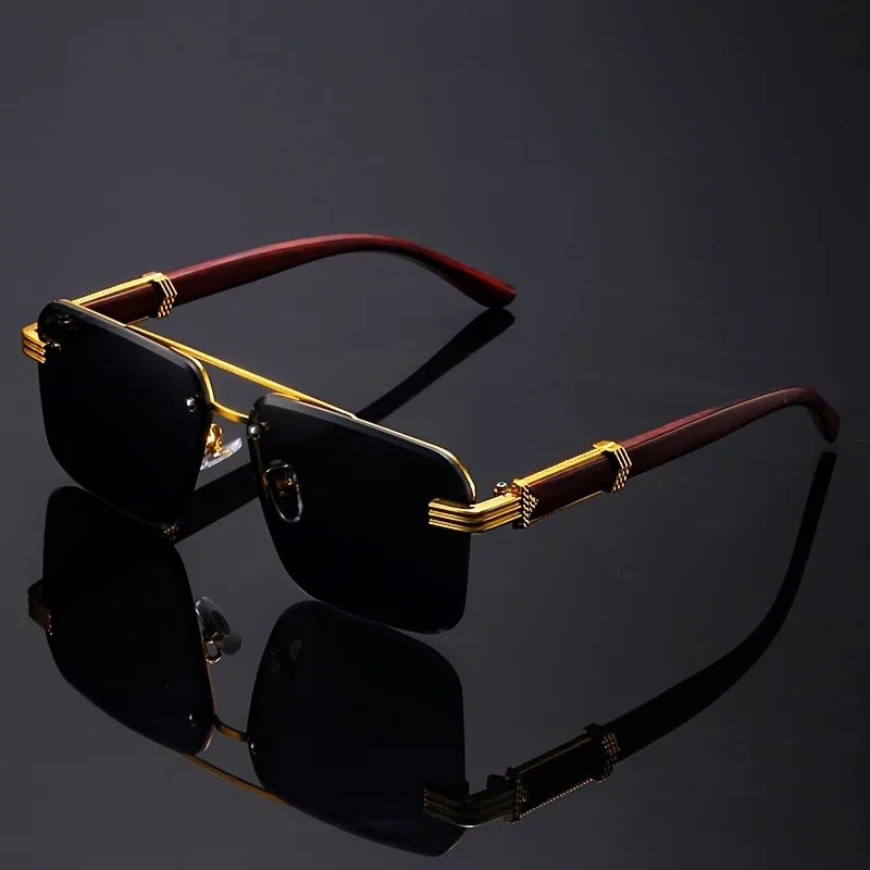 Protect your eyes with these stylish unisex rimless sunglasses, featuring unique wood temples & UV400.