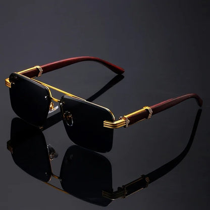 Protect your eyes with these stylish unisex rimless sunglasses, featuring unique wood temples & UV400.