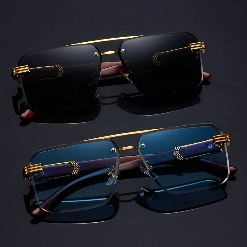 Close-up of natural wood temples on lightweight, sleek rimless sunglasses providing UV400 protection.