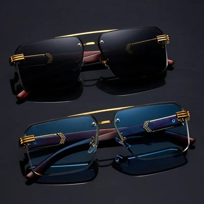 Close-up of natural wood temples on lightweight, sleek rimless sunglasses providing UV400 protection.