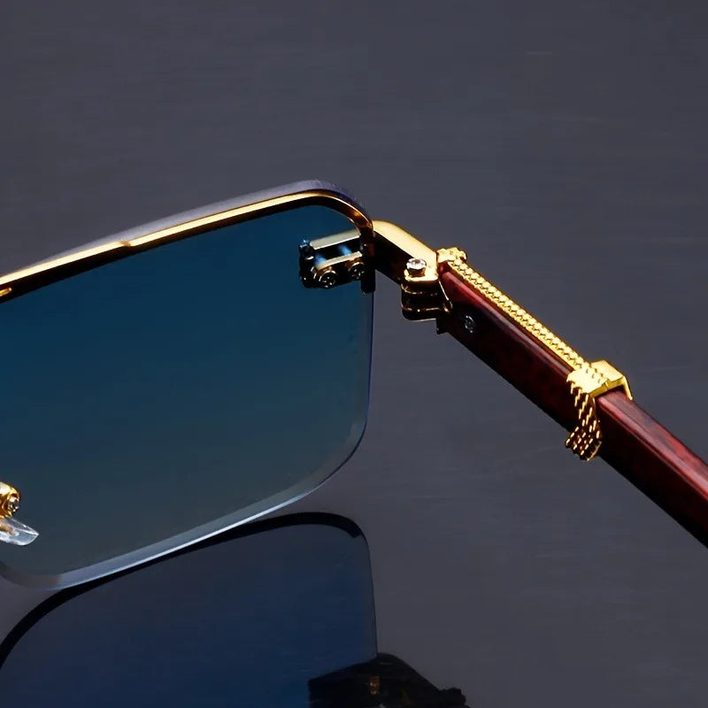 Model wearing trendy unisex rimless sunglasses with wood temples, perfect for modern sun protection.