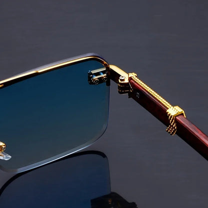 Model wearing trendy unisex rimless sunglasses with wood temples, perfect for modern sun protection.