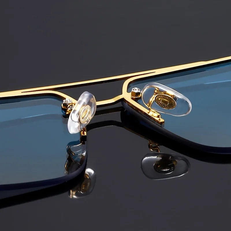 Front view of elegant rimless sunglasses, combining sophisticated design with natural wood & UV400.