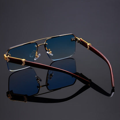 Side profile of lightweight rimless sunglasses, showcasing the distinctive wooden temples & UV400.