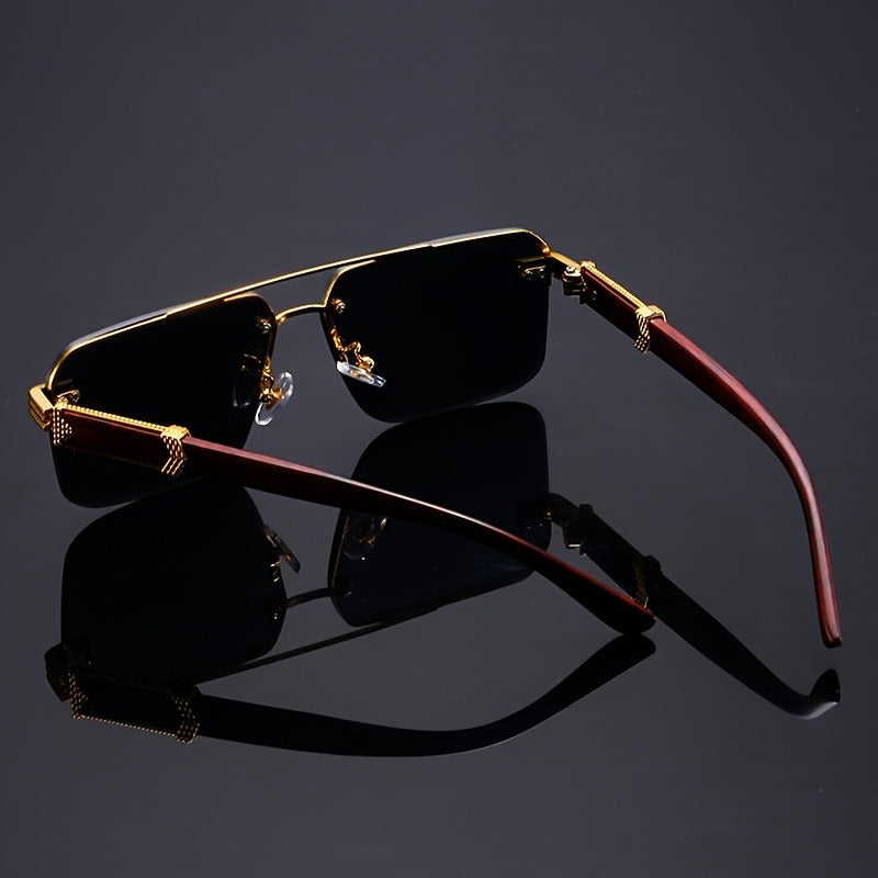 Sleek unisex rimless sunglasses featuring durable wood temples and ultimate UV400 eye protection.