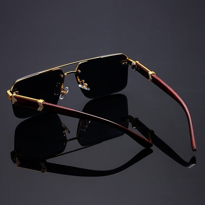 Sleek unisex rimless sunglasses featuring durable wood temples and ultimate UV400 eye protection.