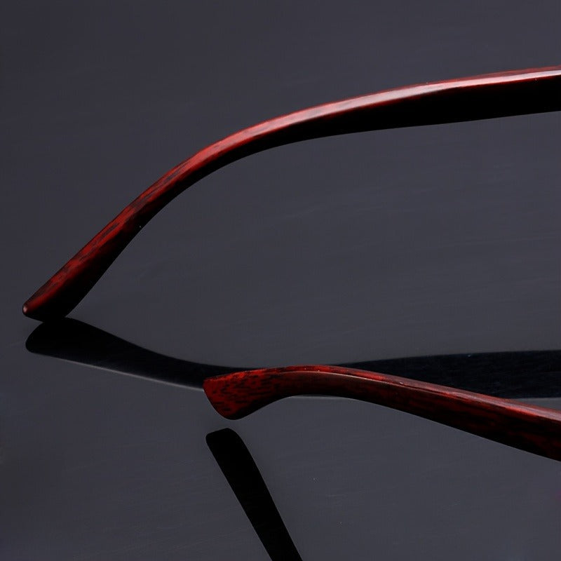 Contemporary rimless design with natural wood temples, offering stylish and protective UV400 eyewear.