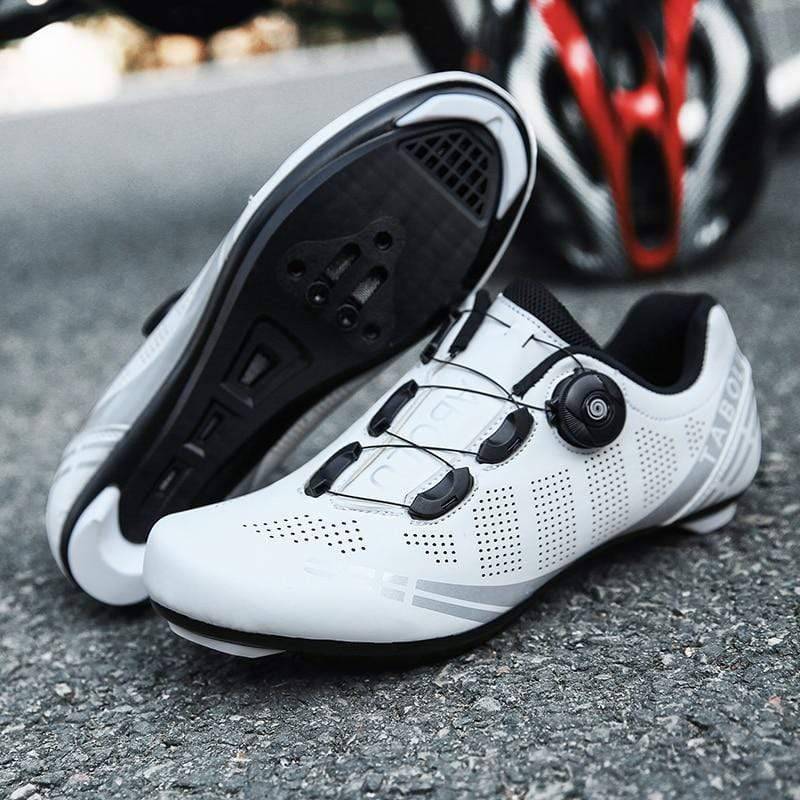 Pair of unisex black performance road cycling shoes, SPD SL compatible, with lace lock