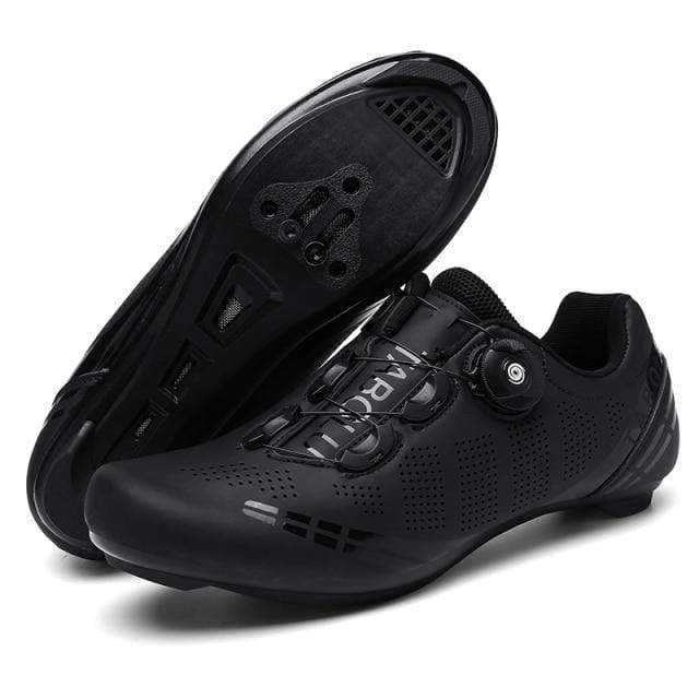 Top-down view of black unisex road bike shoes, SPD SL, highlighting lace lock design