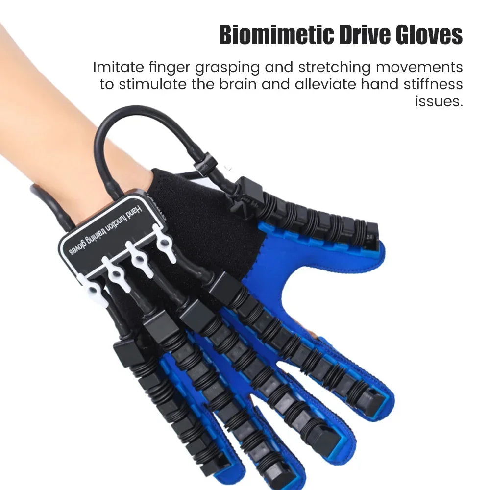 Patient using a robot hand rehabilitation glove for stroke recovery & finger movement physical therapy.
