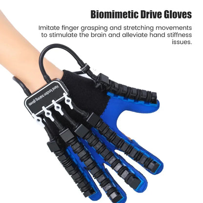 Patient using a robot hand rehabilitation glove for stroke recovery & finger movement physical therapy.