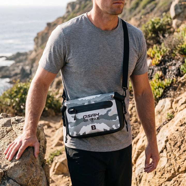 Unisex roll-top waterproof waist bag, perfect fanny pack for hiking, cycling, and travel adventures.