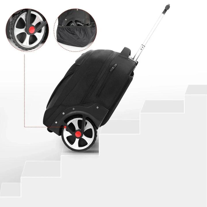Unisex rolling laptop backpack in black, featuring a sturdy telescopic handle and wheels for easy travel.