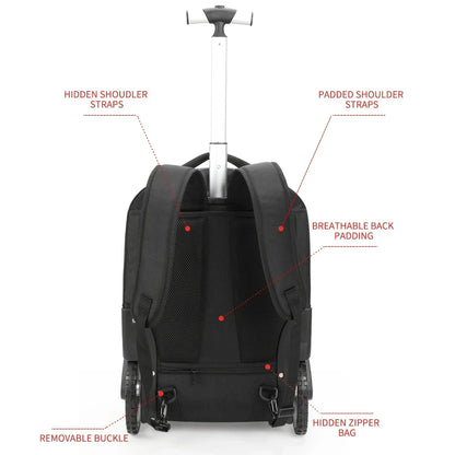Multi-functional trolley backpack converts to shoulder bag; perfect flexible luggage for business travel.