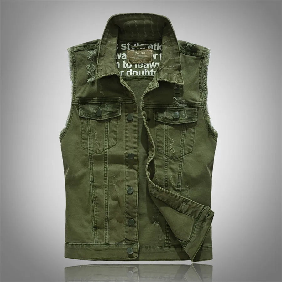 Unisex rugged denim vest with raw edge details, perfect for streetwear and casual layering.