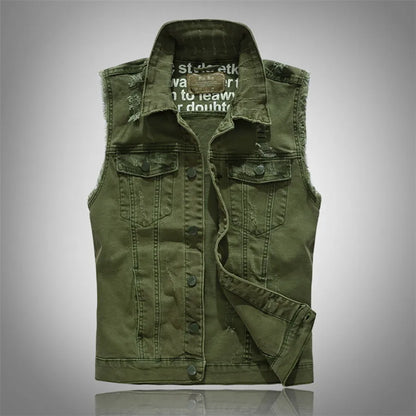 Unisex rugged denim vest with raw edge details, perfect for streetwear and casual layering.