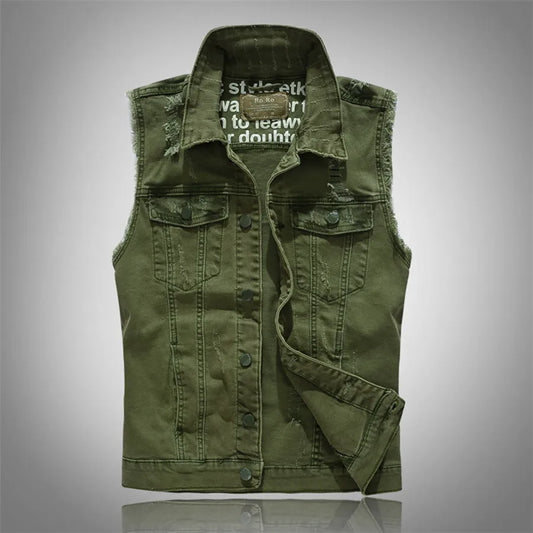 Unisex rugged denim vest with raw edge details, perfect for streetwear and casual layering.
