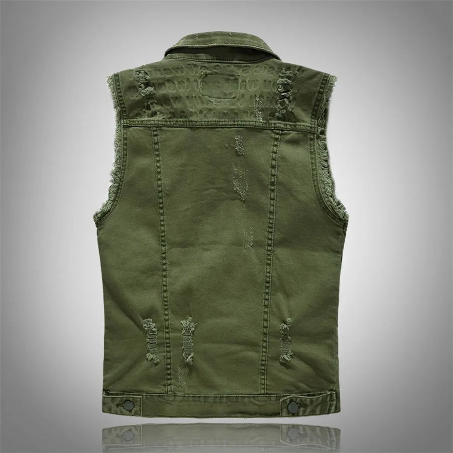 Green rugged unisex denim vest with raw edge details, ideal for edgy streetwear and layering.