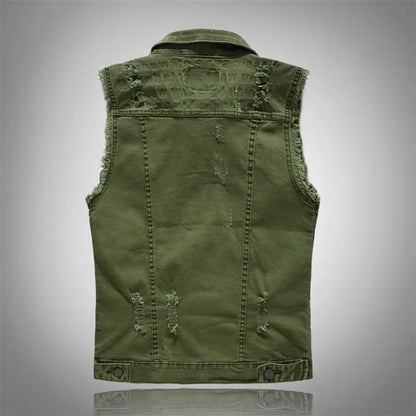 Green rugged unisex denim vest with raw edge details, ideal for edgy streetwear and layering.