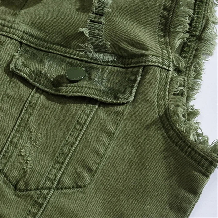 Rugged unisex denim vest featuring distinctive raw edge details, great for an edgy streetwear look.